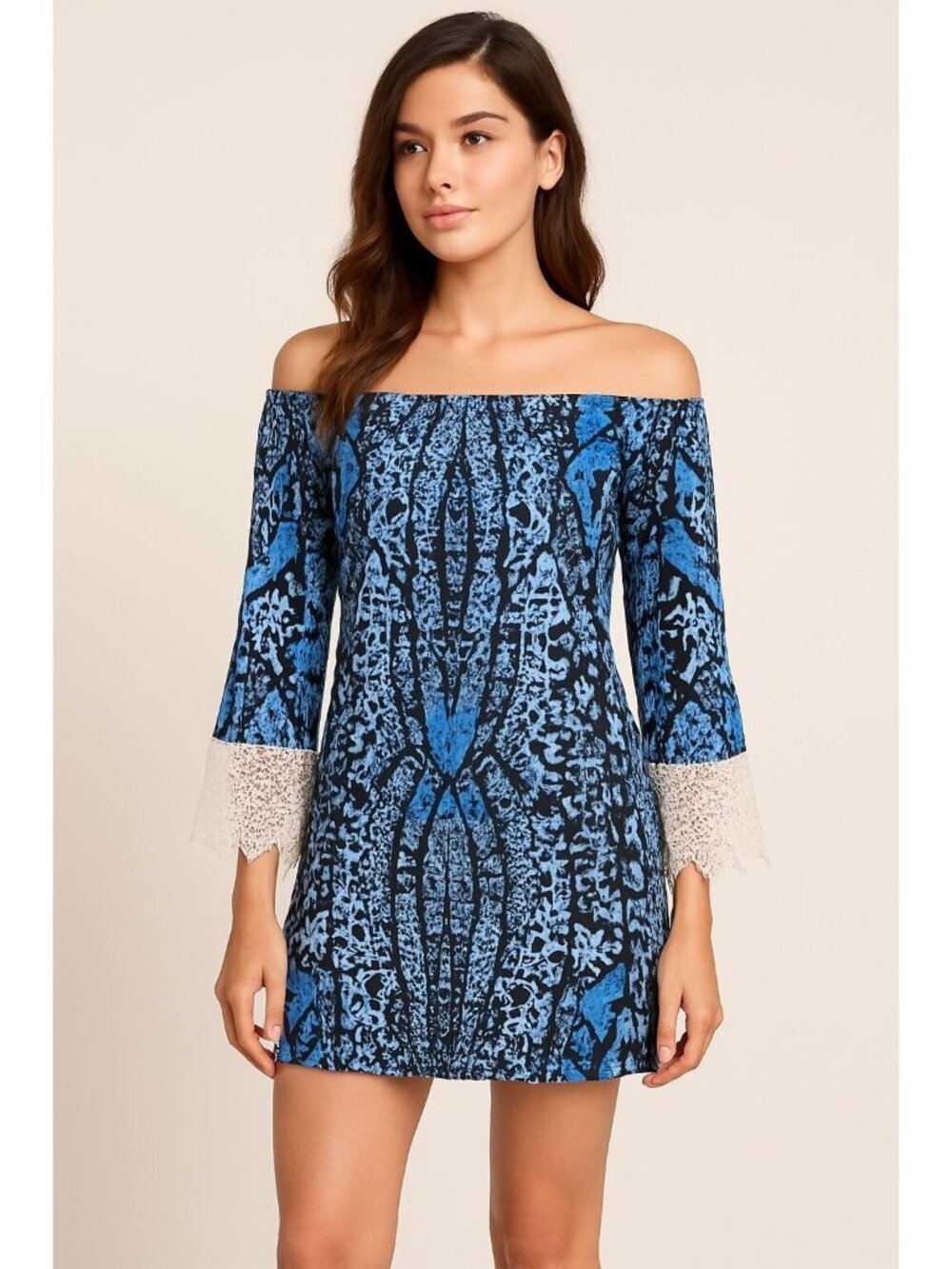 West Loop Blue Black Print Off Shoulder Tunic Dress Lace Bell Sleeves Boho Style